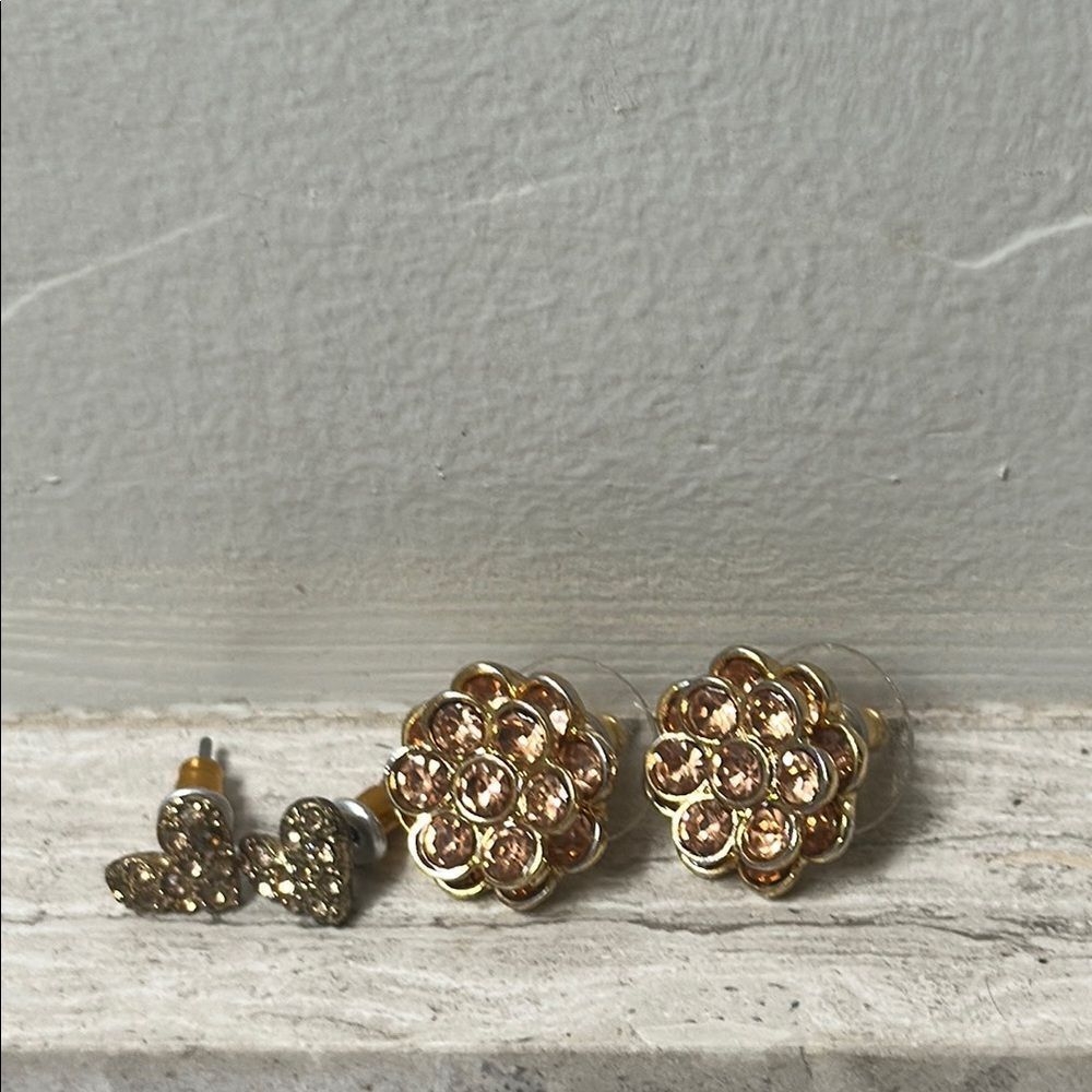 Gold and Bronze Floral and Crystal Hearts Earrings Set